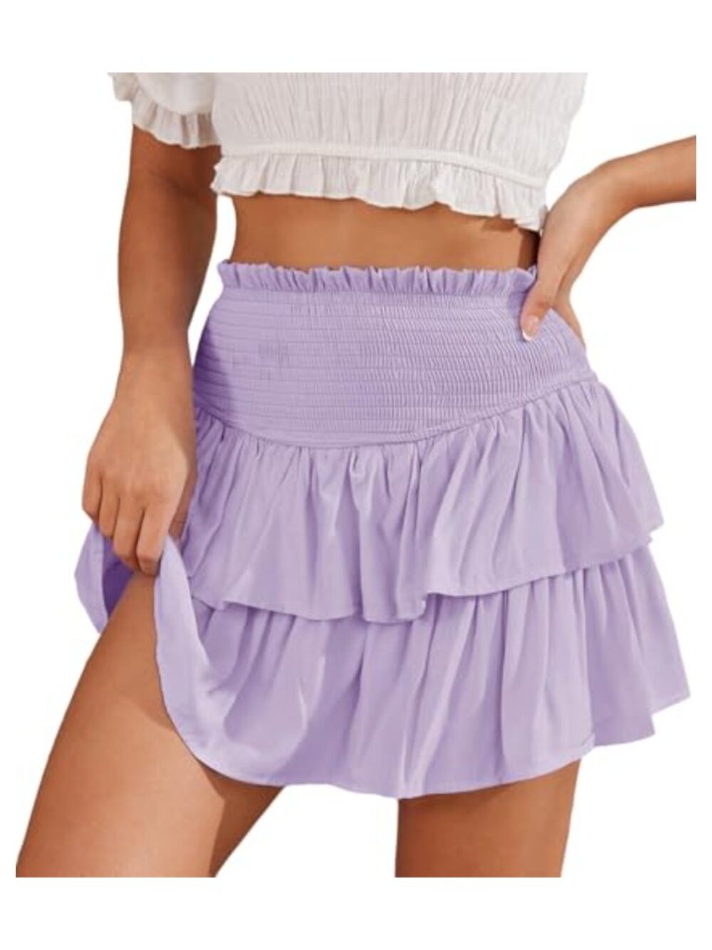 Tiered Ruffle Mini Skirt Elastic High Waist Summer Casual with Shorts